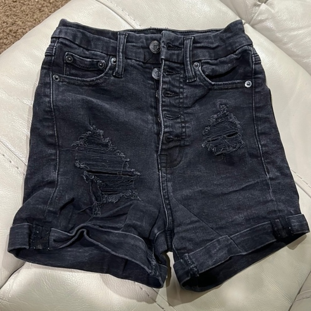 Aeropostale super high Rise Curvy Midi Black Button fly size 000 jean shorts